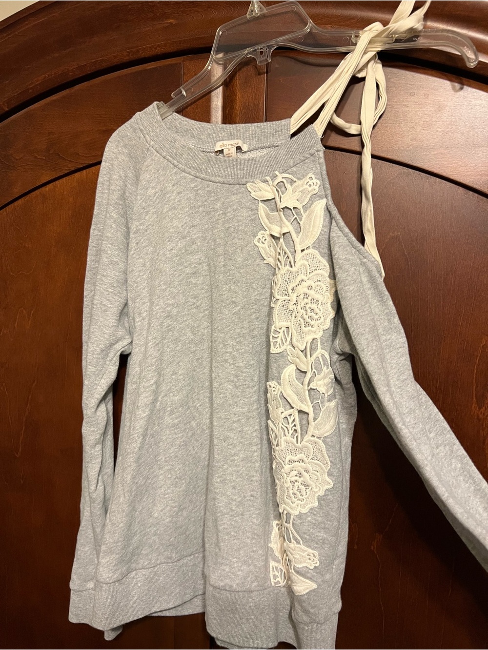 Ella Moss Light Gray Cold-Shoulder Sweatshirt with Cream Lace Trim